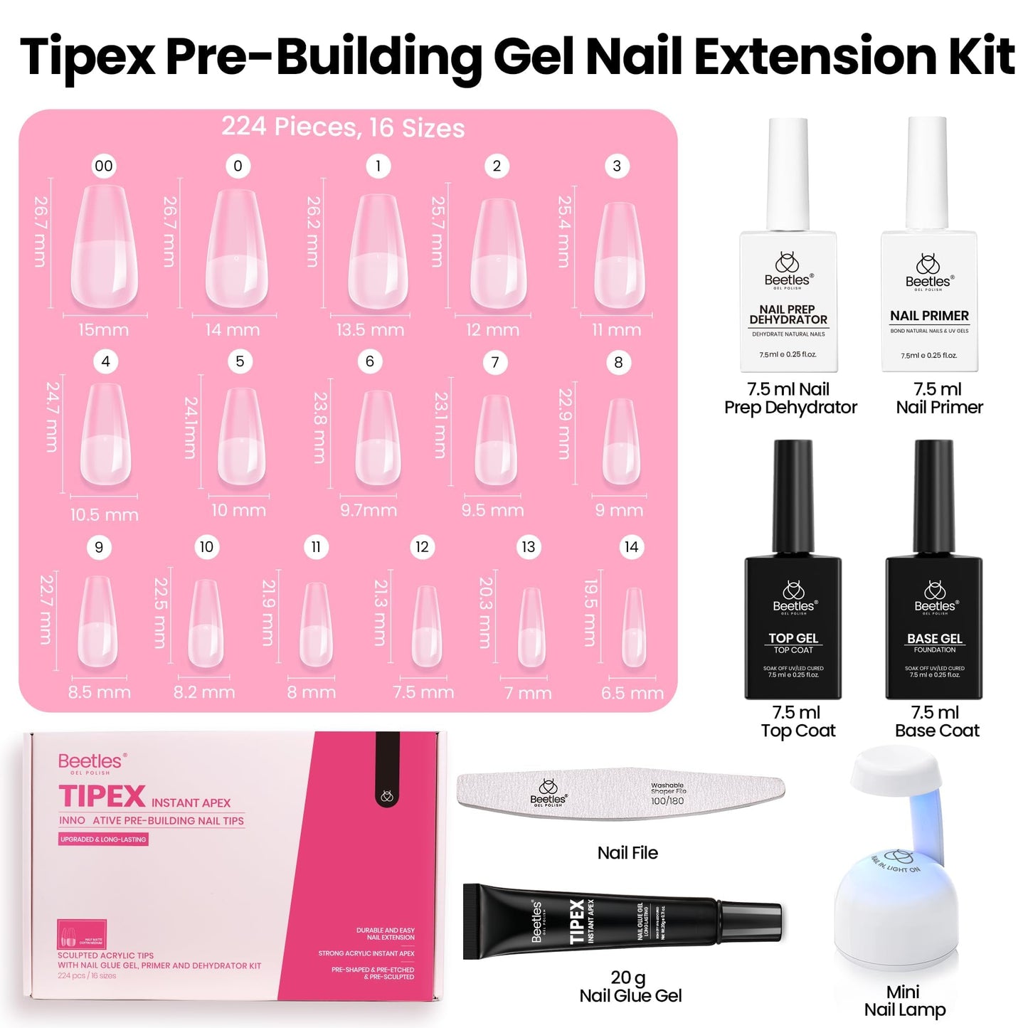 Beetles Tipex Instant Apex Nail Tips Kit, Coffin Long 224Pcs 16 Sizes Pre-Building & Pre-Etched Thicker Acrylic Nails False Nail Extension with Tipex Nail Glue Mini Nail Lamp