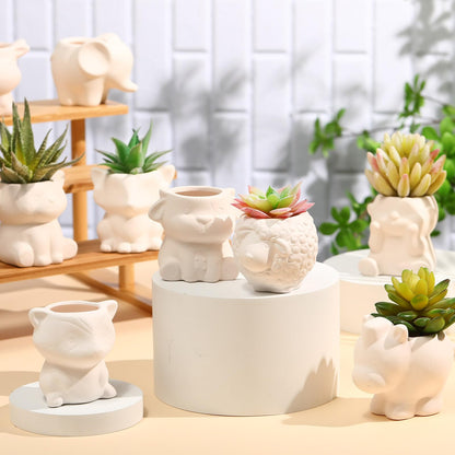 Hushee 12 Sets DIY Ceramic Succulent Pots Ready to Paint Animal Planters Unpainted Plant Flower Pots Bulk with Drainage Hole and Bisque Paint ， Adults Craft Christmas