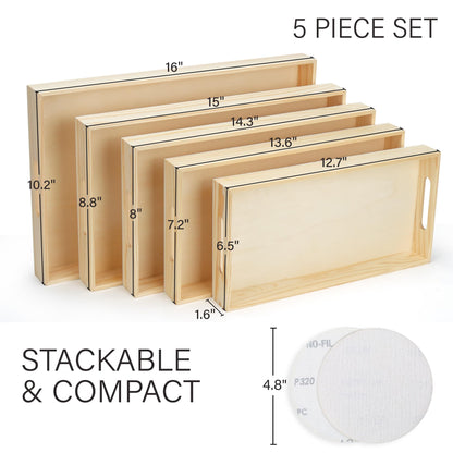 LotFancy Wooden Nested Serving Trays, Set of 5, Unfinished Natural Wood Trays with Handles, for Craft and Decor, Food Organizer for Breakfast, Lunch, Dinner