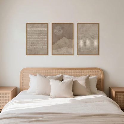 Aryroi Large Mid Century Tan and Beige Framed Canvas Wall Art,Neutral Lines Dots Wall Decor,Abstract Sunset and Mountain Artwork,Boho Textured Shapes Art Print for Living Room,Bedroom,Office-16"x24"x3