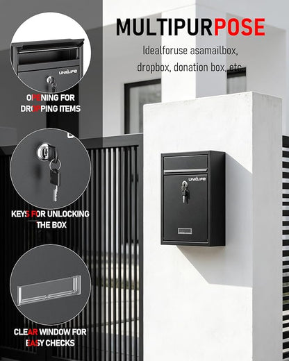 Uniclife Wall Mount Mailbox for Outside, Locking Mail Box, Large Mailbox with Key Lock, Security Mail Box for House, Safe Key Drop Box, Post Box, Steel Cash Drop Box for Home Office School, Black
