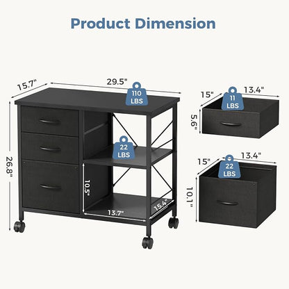 OLIXIS 3-Tier Printer Stand with Fabric Storage Drawer, Rolling Printer Cart with Lockable Wheels and Metal Frame, Under Desk Table with Open Storage Shelf for Small Spaces, Home, Office, Black