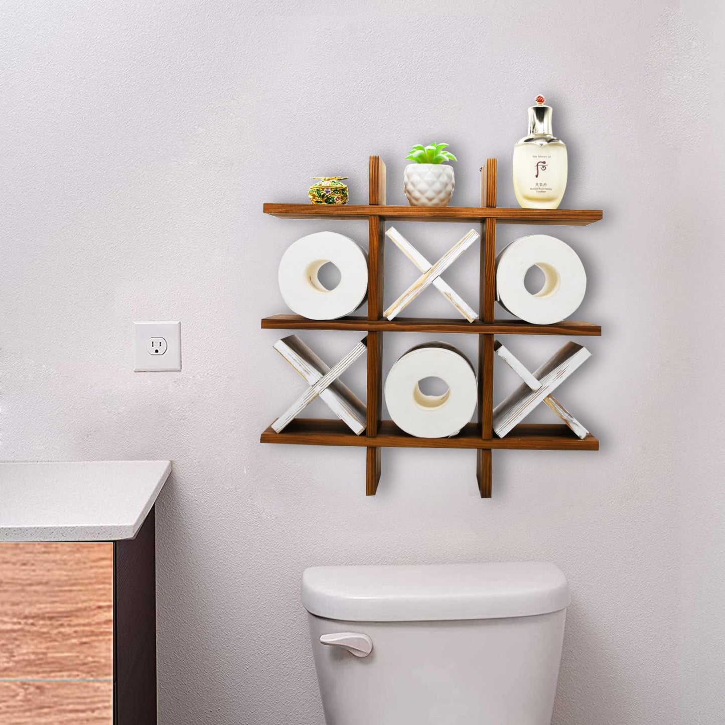Owlgift Tic Tac Toe Toilet Paper Holder Rack Rustic Burnt Wooden Toilet Paper Storage Bathroom Hanging Storage Wall Mounted Shelves Décor for Toilet Tissue Farmhouse