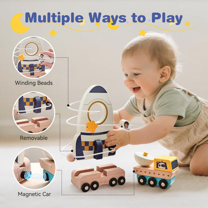 ibwaae Wooden Rocket Space Toy Set for Toddlers 1-3, Montessori Shape Sorter and Stacking Activity with Magnetic Car, Fine Motor Skills Learning Toy, First Birthday Gift for Boys Girls