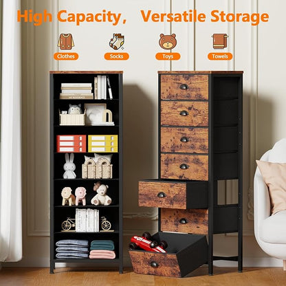 Furnulem Bedroom Dresser with 7 Drawers,Tall Industrial Fabric Chest of Drawers, Vertical Storage Tower Bedside Furniture in Living Room,Closet,Entryway-Sturdy Steel Frame(Rustic Brown)