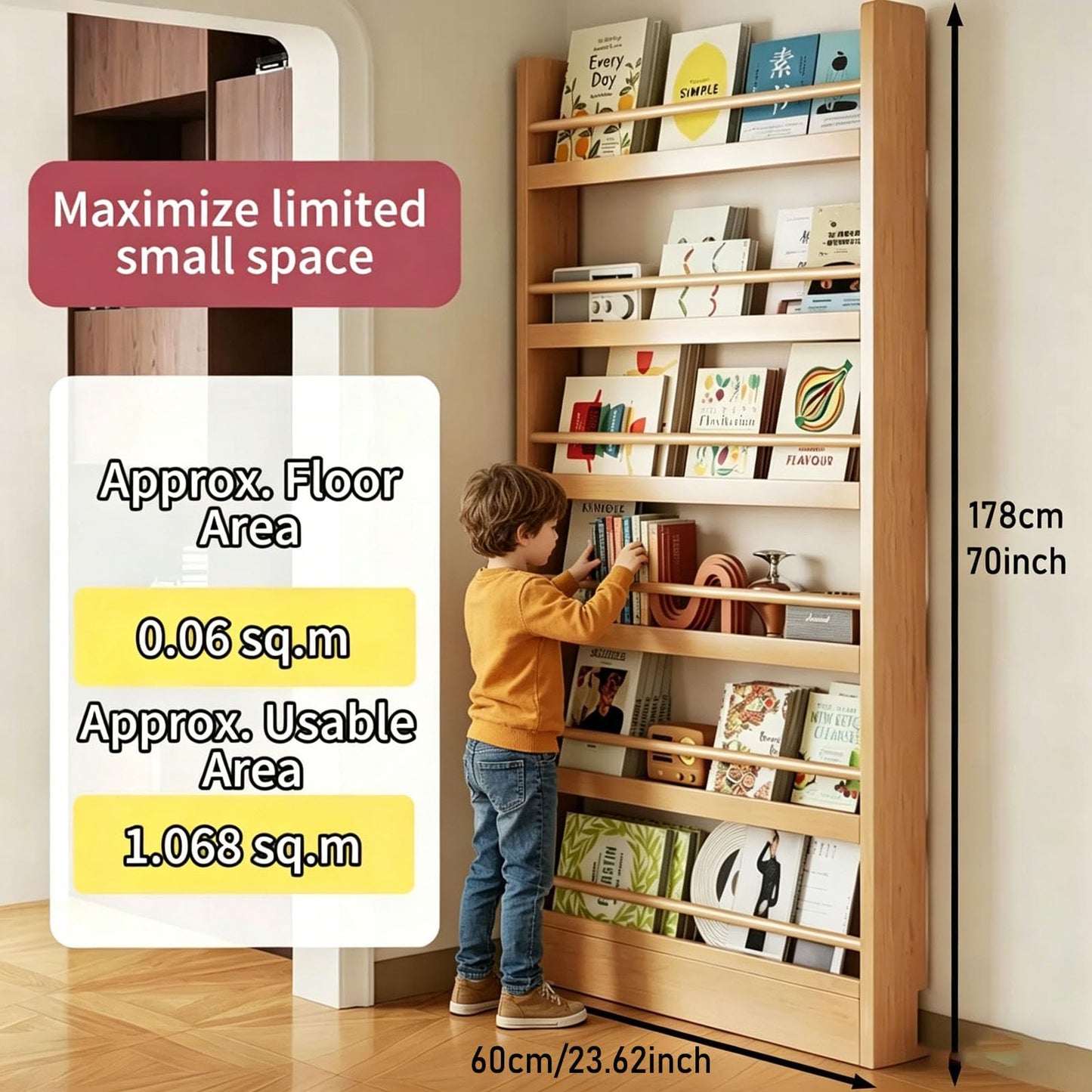 GODNOEI Behind The Door Bookshelf 6-Tier Wooden Behind The Door Storage Cabinet Wall Mount Shelf Easy to Install for Bedroom Kid Room Living Room Library-23.62" Wide