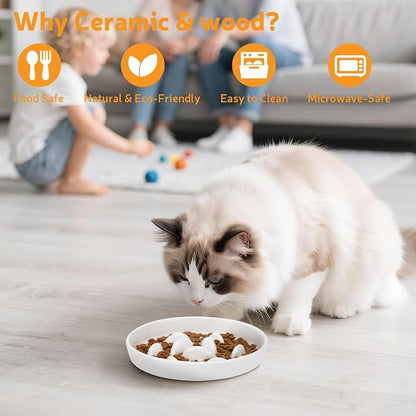 Ceramic Slow Feeder Cat Bowl 6.3" Wide (White) | Anti-Gulping & Keep Fit, Dishwasher Safe, For Dry and Wet Food, For Cats and Small Dogs, Shallow Bottom Puzzle Feeder