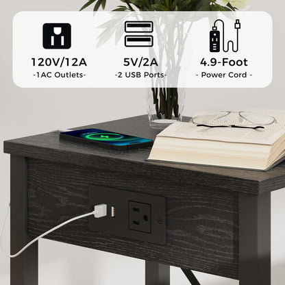 VIMBER Side Table with Charging Station, Set of 2 End Tables with USB Port and Outlets, Nightstands with 2-Tier Storage Shelves, Sofa Table for Small Space, Living Room, Bedroom Black 102B2