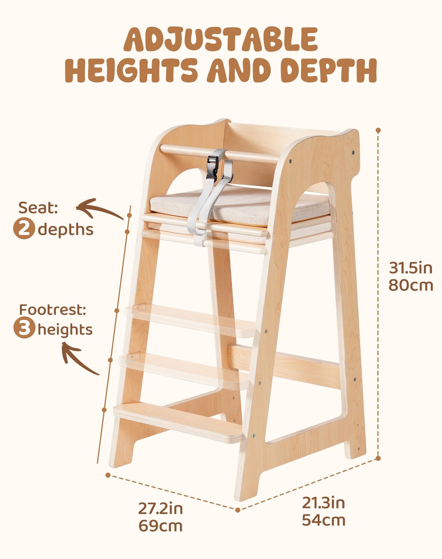 ROBUD Wooden High Chair for Toddlers, Highchair for Adjustable Seat Height & Footrest Levels, High Chairs for Babies and Toddlers with Removable Cushion for Nursery, Dining, Studying, Restaurant,WG419