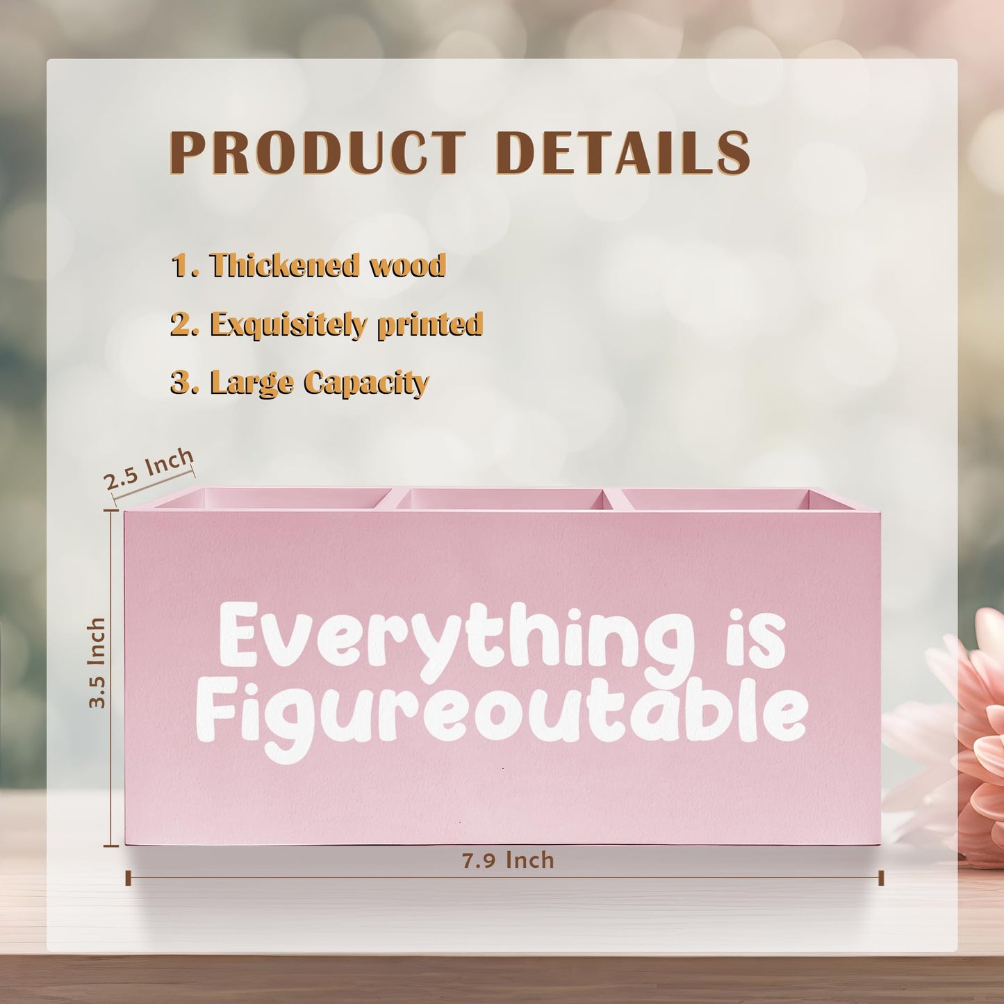 FITIE Everything Is Figureoutable Makeup Brush Toothbrush Holder, Preppy Coquette Pink Wooden Pen Pencil Holder Organizer for Dorm Bedroom Desk Accessories, Inspirational Gifts for Women