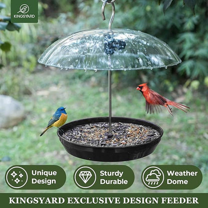 Kingsyard Adjustable Platform Bird Feeder for Outdoors, Hanging Metal Seed Tray with Clear Rain Proof Dome, Large Capacity for Wild Bluebird Cardinal Dove Mealworm, Black