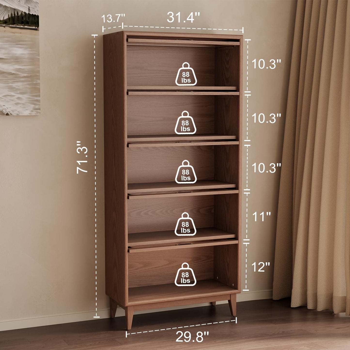 5 Tier Solid Wood Bookcase with Tempered Glass Doors Elegant Wooden Book Shelf with Doors 72H/32w/14 inch Log Khaki, Luxury Antique Bookcase Artwork Book Shelves/case for Home Office