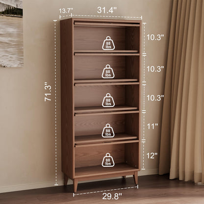 5 Tier Solid Wood Bookcase with Tempered Glass Doors Elegant Wooden Book Shelf with Doors 72H/32w/14 inch Log Khaki, Luxury Antique Bookcase Artwork Book Shelves/case for Home Office