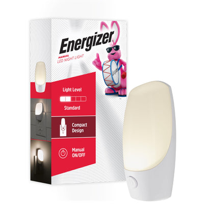 Energizer Manual On/Off LED Night Light Plug-in, Push Button, Compact, Contemporary, for Bedroom, Livingroom, Hallway, Bathroom, Nursery, Basement, White, 84135, 2 Pack