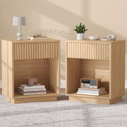 Zeibospri Fluted Nightstands Set of 2, Modern Mid Century Night Stand with Drawer and Open Shelf, Wooden Bedside End Side Table for Bedroom, Hallway, 11.8" D x 18.9" W x 23.6" H, Natural Oak