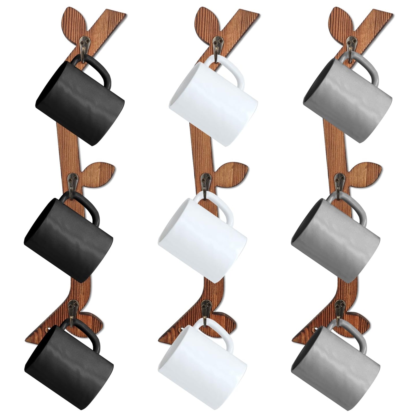 MSHUNKEJI 3 Pack Wood Coffee Mug Wall Rack with 9 Hooks Wall Mount Coffee Cup Holder Wooden Espresso Cup Holder Tree Brown Mug Stand Display Wall Mounted Cup Drying Rack for Kitchen Cafe