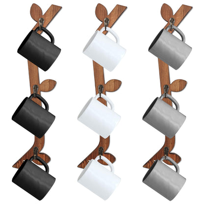 MSHUNKEJI 3 Pack Wood Coffee Mug Wall Rack with 9 Hooks Wall Mount Coffee Cup Holder Wooden Espresso Cup Holder Tree Brown Mug Stand Display Wall Mounted Cup Drying Rack for Kitchen Cafe