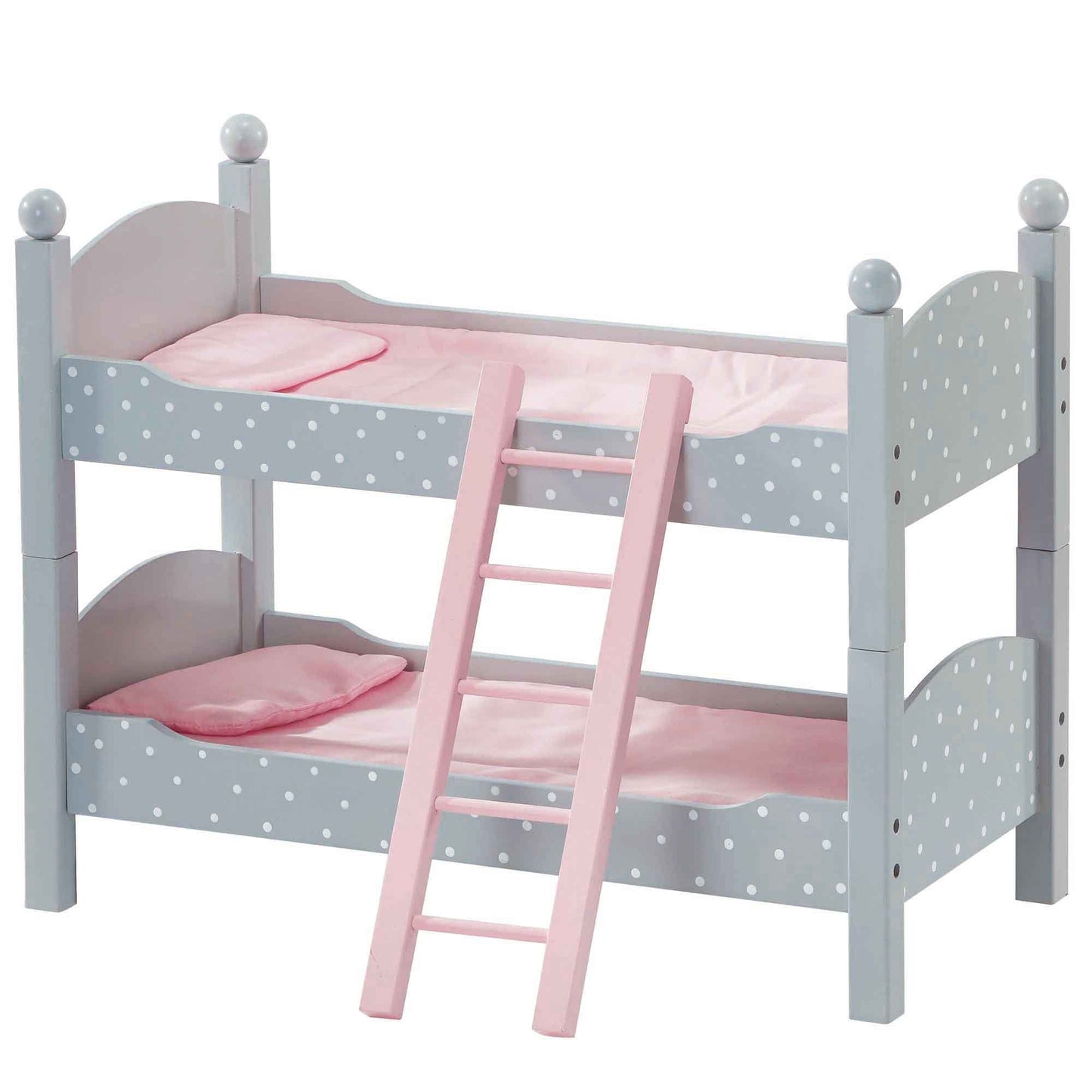 Olivia's Little World 18 in. Doll Wooden Convertible Bunk Bed Stacked on Top or Unstacked as Two Single Beds, Gray with White Polka Dots and Pink Accents
