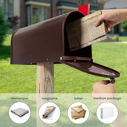 Bronze Metal Mailbox Post Mount, RAINHOL Medium Compacity Mail Box, Galvanized Steel Standard Mailboxes for Outside, 20 x 8.7 x 6.7 inches
