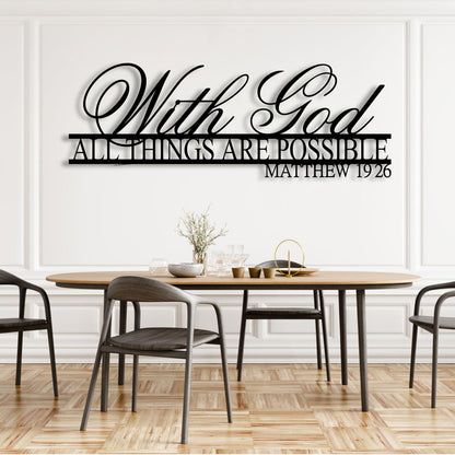 With God All Things Are Possible Metal Wall Art, Matthew 19:26, Bible Verse, Christian & Religious Wall Decor, Wedding & Housewarming Gift, Motivational Art (Black, 59"W x 21"H / 150 x 53 cm)