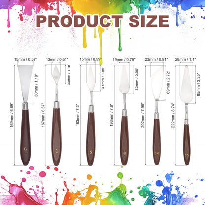 MECCANIXITY 6Pcs Palette Knife, 17.1/16/18.3/18.6/20.5/21.8cm Long Palette Knives with Stainless Steel Flexible Spatula Pallet Knife and Plastic Handle for Scraping, Oil Acrylic Painting