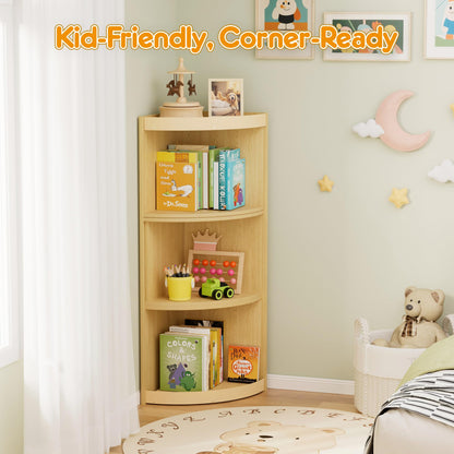 HAVLOTII Wooden Corner Kids Bookshelf, Extendable 3 Tier Montessori Bookcase for Children, Toy Storage Organizer, Space-Saving Book Shelf for Kids Rooms, Classroom, Playroom, Nursery, Daycare