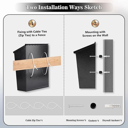 KYODOLED Mailbox for Outside, Wall Mount Mail Drop Box, Black | Large Capacity, Fits Letters, Magazines & Documents, Powder-Coated Steel, Weather Resistant, Home, Apartment & Office Use