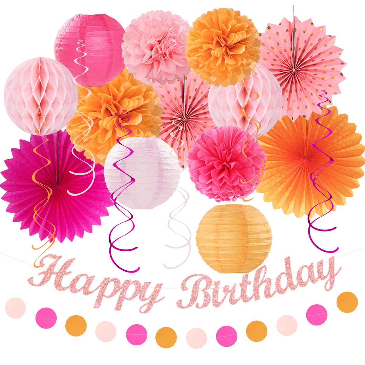 Hot-Pink Orange Fall Birthday Party-Decorations - 21pcs Autumn Women Peach Happy Banner,Girls Groovy Paper Streamers Lanterns Honeycomb,Tissue Flowers Pom Poms Fan, Boho Garland Room Decor