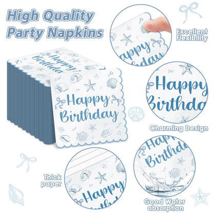 96PCS Coastal Beach Birthday Plates and Napkins Blue Bow Seashell Birthday Party Supplies Disposable Ocean Seashell Bow Tableware Set for Summer Beach Wedding Bachelorette Baby Shower Serves 24 Guests