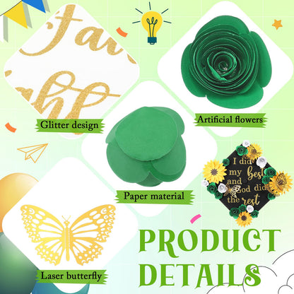 Suncalla Green DIY Graduation Cap Decorations Kit, 20 Pcs Roses Sunflower Flower Heads 4 Inspirational Quote Glitter Stickers 12 3D Butterfly Grad Cap Topper for Cake Photo Art DIY Grad Party Supplies