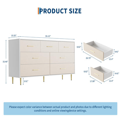 Garvee White Dresser, Modern 7 Drawer Dresser for Bedroom with Gold Handle and Legs, Wooden Nightstand with Linen-Textured Surface, Narrow Accent Cabinet End Table for Living Room, Hallway, Entryway
