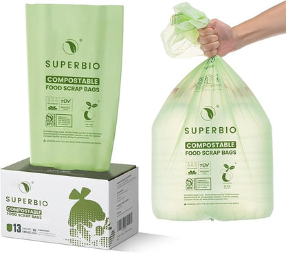 SUPERBIO 13 Gallon Compostable Kitchen Waste Bags, 1 Pack, Flat top Food Scrap