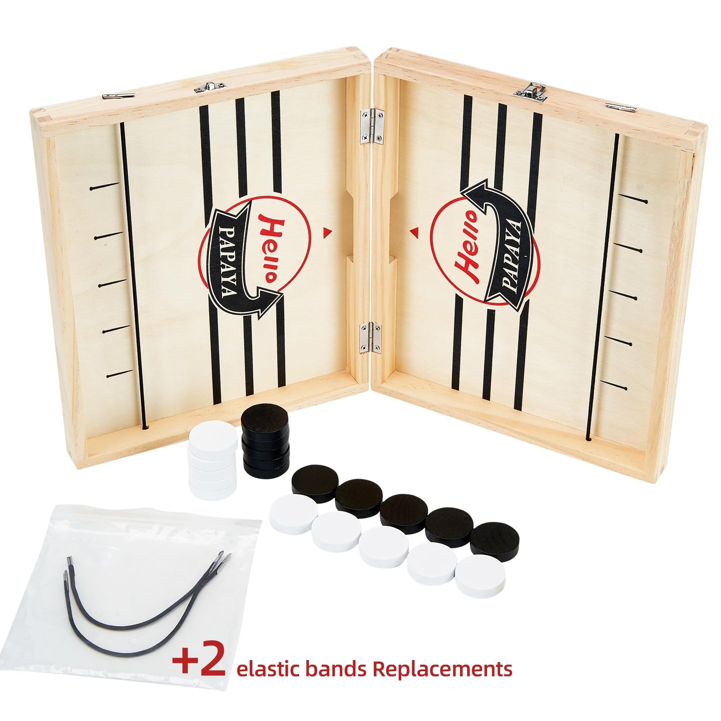 HELLO PAPAYA Foldable Fast Sling Puck Game with Chess Board and Checkers Board, Tic Tac Toe. Wooden Air Hockey Family Night,Table Games Gifts for Adults and Kids