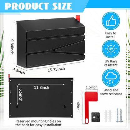 Yaocom Wall Mount Mailbox Large Capacity Mailbox for Outside Galvanized Steel Rustproof Metal Mail Drop Post Modern Collection Box Postbox 15.75" x 9.84" x 4.33", No Keys Locking (Black,Flag)