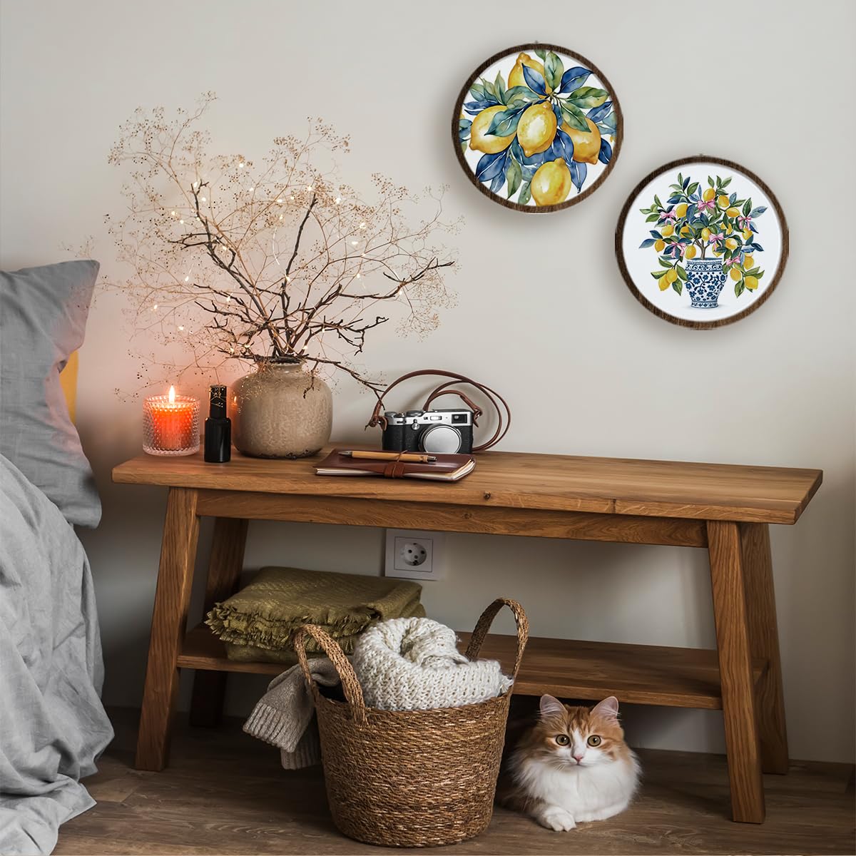 BIWSHA Italian Lemon Amalfi Coast Wall Art Decor, Mediterranean Lemon Botanical Coastal Beach Round Wooden Wall Hanging Decor for Kitchen Home Bedroom Living Room, 10 Inch Diameter Set of 4