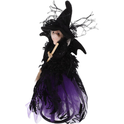 Alipis Halloween Witch Tree Topper, Black Witch Doll Ornament with Black Pointed Hat and Flying Broom Christmas Tree Top for Desktop Treetop Fireplace Halloween Decor