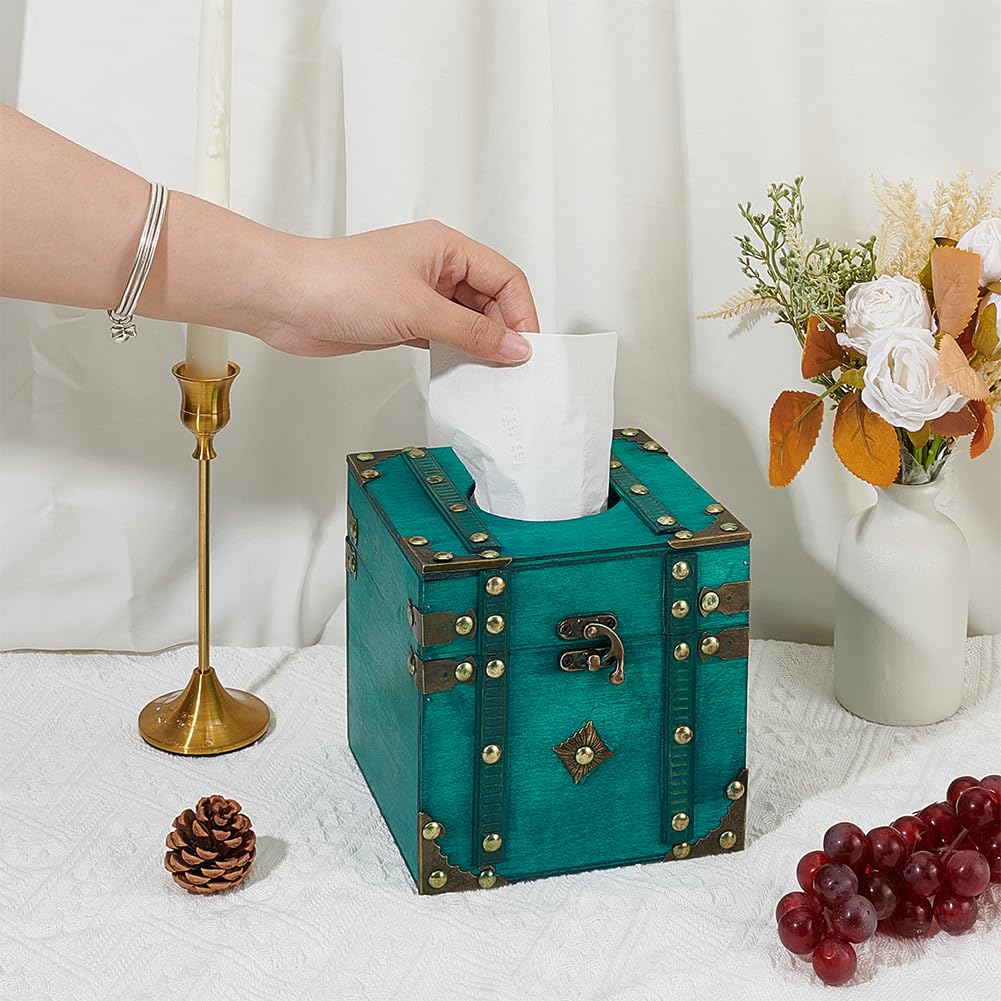 INFUNLY Retro Wood Square Tissue Box 5.8x5.8x5.8 inch Turquoise Napkin Holder Vintage Cube Tissue Box Holder Green Wood Square Tissue Container Cover for Toilet Tank Bathroom Living Room Office Desk
