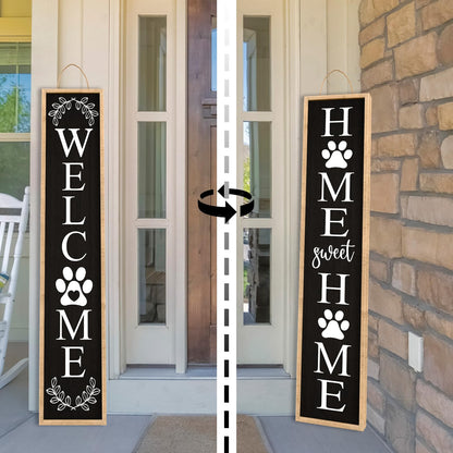 Aurapeak Outdoor Welcome Sign for Front Porch Door Decor, Home Sweet Home Sign Door Outside Standing Large 2 Sided Dog Paw Farmhouse Modern Wooden Frame Vertical Leaner (45"X9" Wood Black)