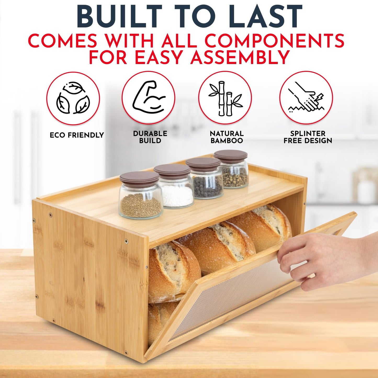 Culinary Couture Bamboo Bread Box for Kitchen Countertop - Large Capacity Storage BreadBox for Homemade Bread with Acrylic Window and Extra Top Storage