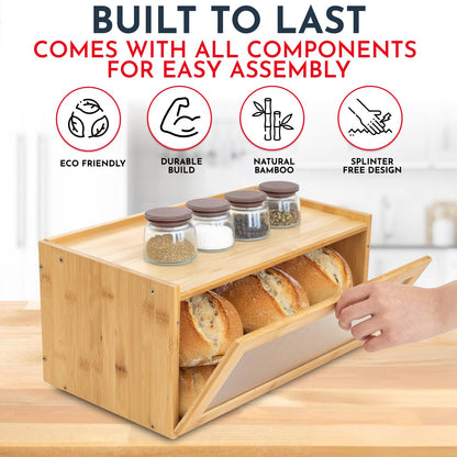 Culinary Couture Bamboo Bread Box for Kitchen Countertop - Large Capacity Storage BreadBox for Homemade Bread with Acrylic Window and Extra Top Storage