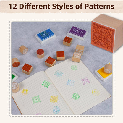 16Pcs Rubber Stamps and Craft Ink Pads, Decorative Wooden Stamps with Ink Pads for Stamps, Wood Stamps for Crafting, Letters, Scrapbooking and DIY Craft Card