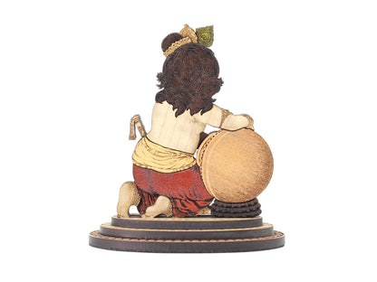 PLEASANTINO - 4 Inch Baby Krishna Makhan Chor Wood Carved Statue in Exotic Hard Woods - Multi Layered Hand Made Wooden Bal Gopal Kahna Idol for Car Dashboard, Home, Office, and Travel