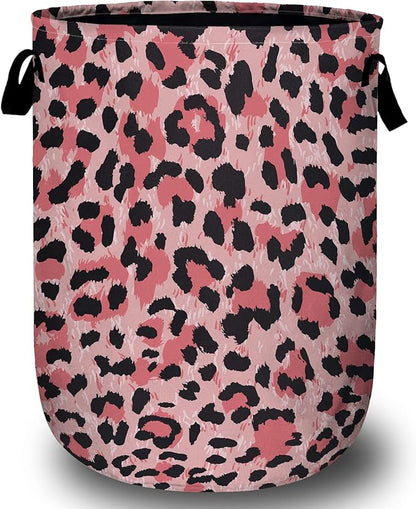 Pink Leopard Laundry Basket, Laundry Hamper Collapsible Oxford Cloth