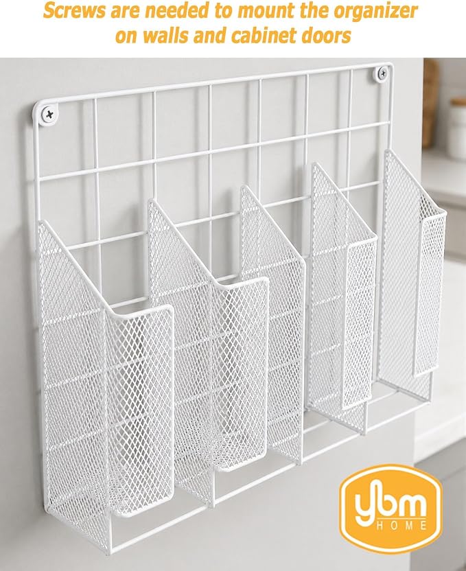 YBM HOME 4-Compartment Wall Mount Kitchen Storage Organizer Holder Basket Pantry Caddy Wrap Rack for Aluminum Foil, Sandwich Bags - White 2232