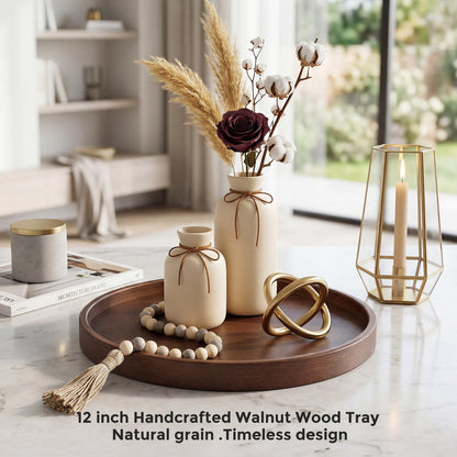 Round Natural Wood Tray - 12 Inch Decorative Serving Tray with Handles, Solid Wooden Coffee Table Tray for Ottoman, Vanity, Entryway, Snacks, Drinks & Home Decor