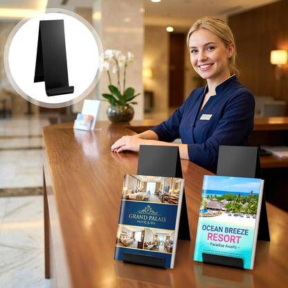 PercyEffie 4 Pcs Black Metal Brochure Holder, 8.9" Black Display Flyer Brochure Holder Stand, Heavy Duty Table Vertical Countertop Literature Organizer for Booklets Pamphlet Magazine Menu Journals