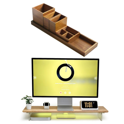 ROCDEER Wood Vanity Tray and Bamboo Dual Monitor Stand Riser with RGB Lights Natural