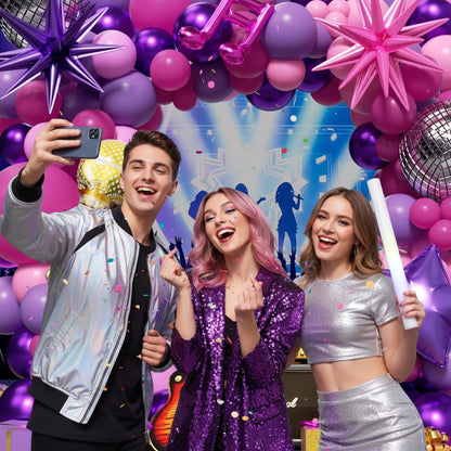 PTGOLUO K-Pop Music themed Birthday Decorations 160Pcs, Hot Pink Metallic Purple Balloon Garland Arch Kit with Disco Notes Star Foil Balloons for Girls Fans Birthday Grad Prom Princess Party Decor