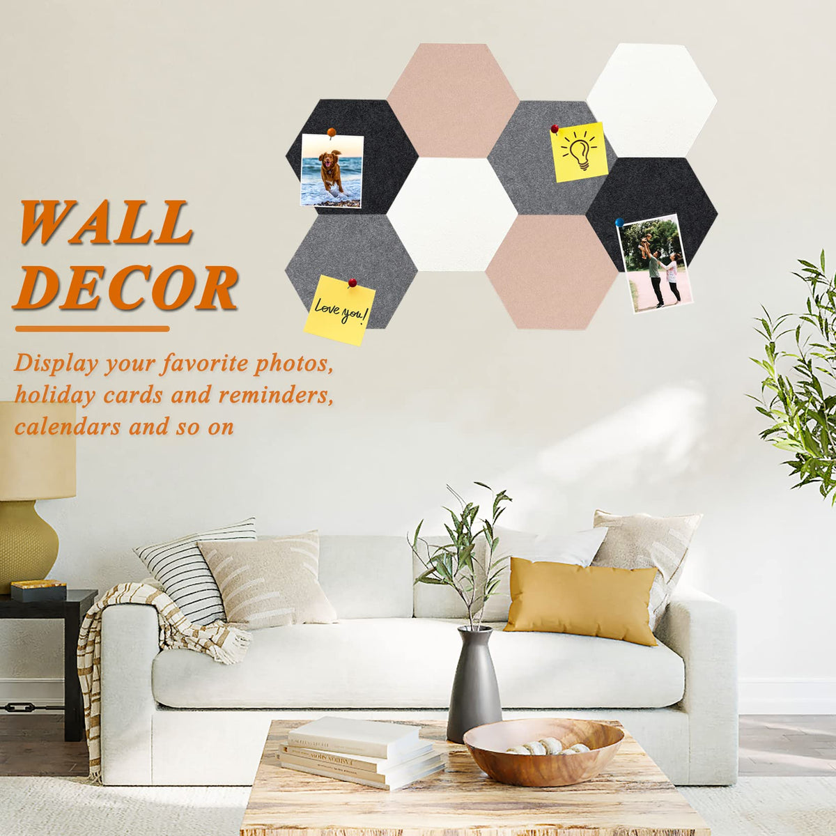 HULAVO 8Pcs Hexagon Felt Cork Board Tiles, Self Adhesive DIY Bulletin Board Pin Board for Office School Home Wall Decor Stickers Memos Photos Display (Camel & Grey)