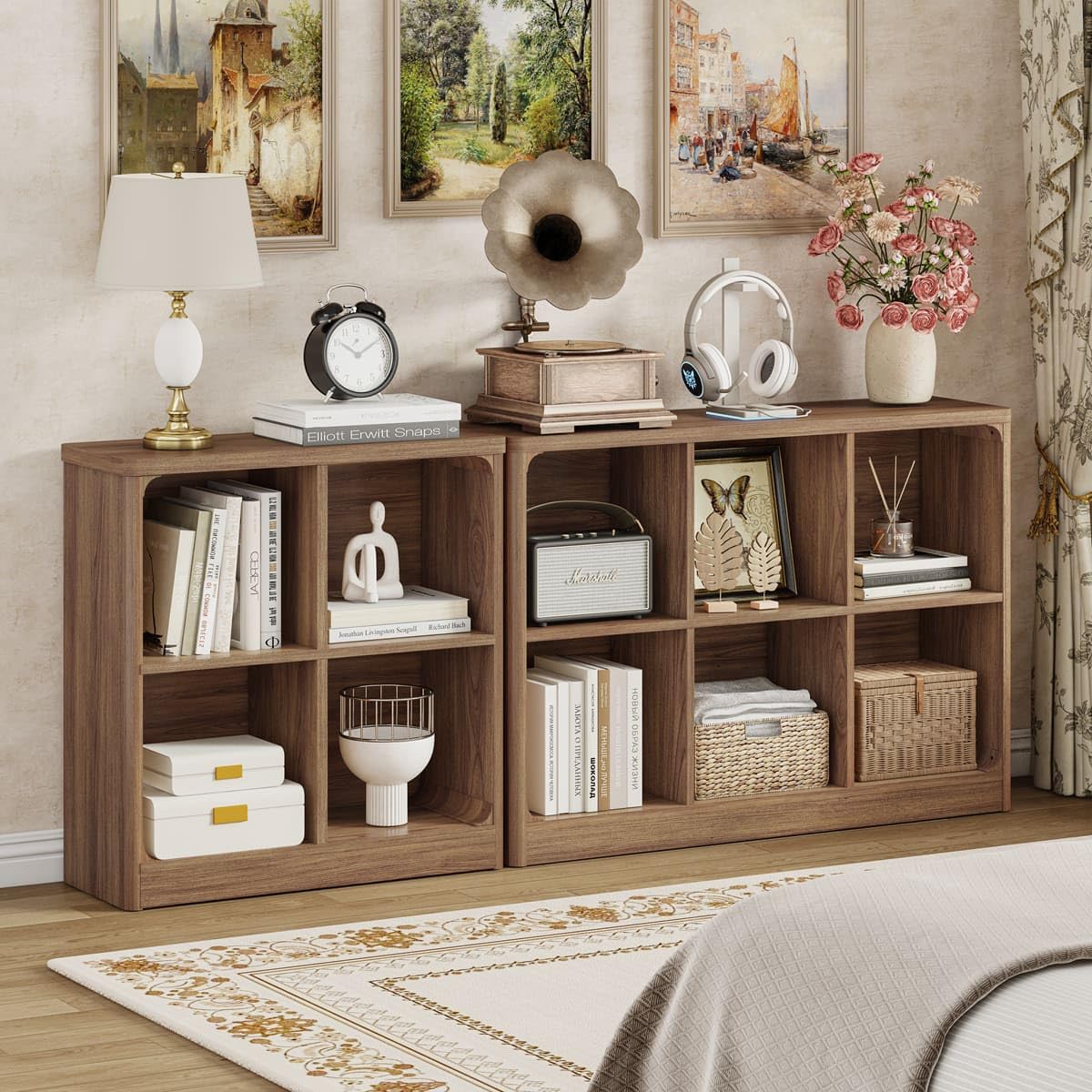 FATORRI 6 Cube Storage Bookcase, Rustic Wood Horizontal Bookshelf with Rounded Corners, Low Cube Organizer Shelf for Living Room, Bedroom, Office (Walnut, 43 Inch)